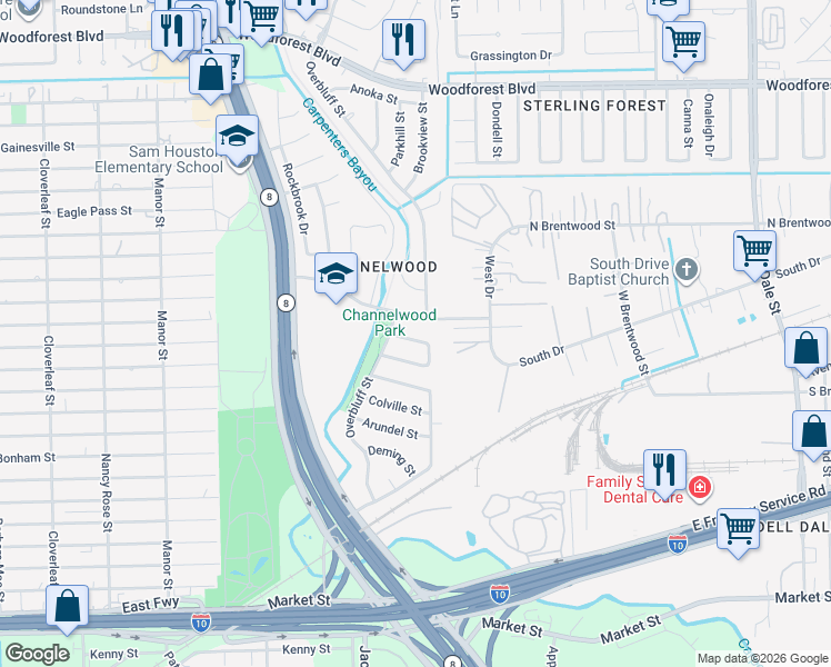 map of restaurants, bars, coffee shops, grocery stores, and more near 14902 Woodford Drive in Channelview