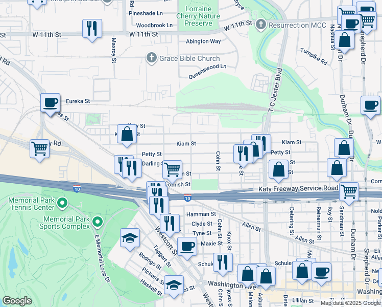 map of restaurants, bars, coffee shops, grocery stores, and more near Arabelle Street in Houston