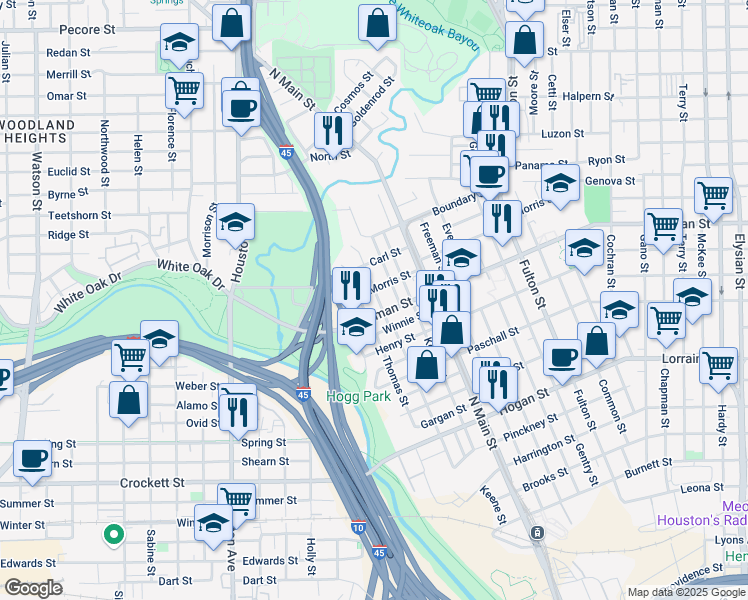 map of restaurants, bars, coffee shops, grocery stores, and more near 2408 Thomas Street in Houston