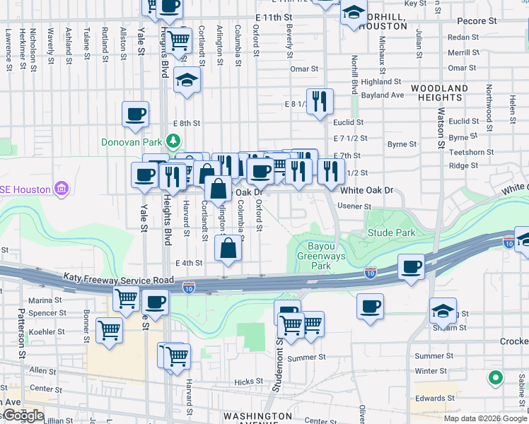 map of restaurants, bars, coffee shops, grocery stores, and more near 535 Frasier Street in Houston