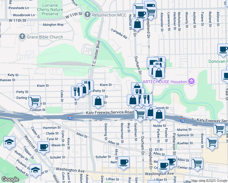 map of restaurants, bars, coffee shops, grocery stores, and more near 5224 Petty Street in Houston