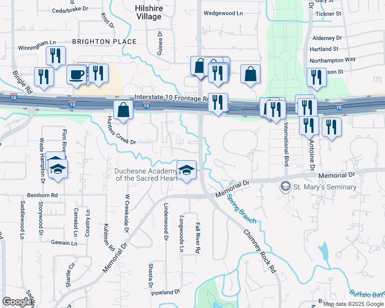 map of restaurants, bars, coffee shops, grocery stores, and more near 8228 Kingsbrook Road in Houston