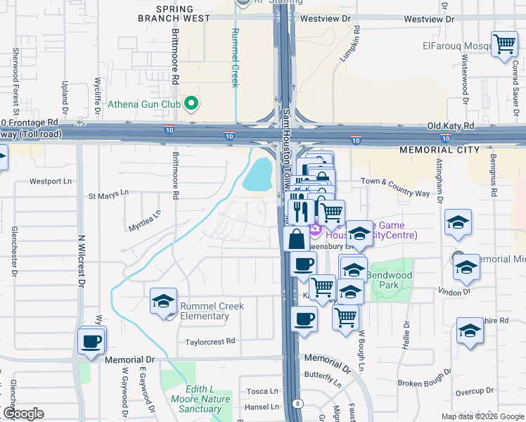 map of restaurants, bars, coffee shops, grocery stores, and more near 13126 Trail Hollow Drive in Houston