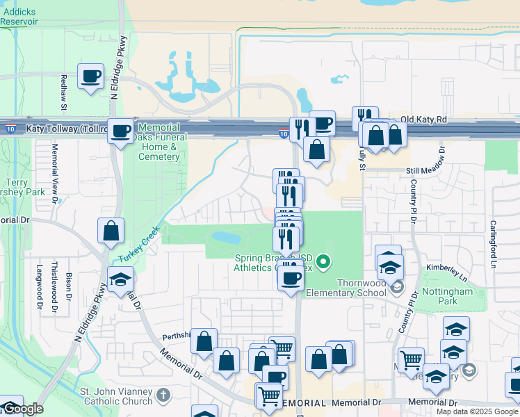 map of restaurants, bars, coffee shops, grocery stores, and more near 14718 Barryknoll Lane in Houston
