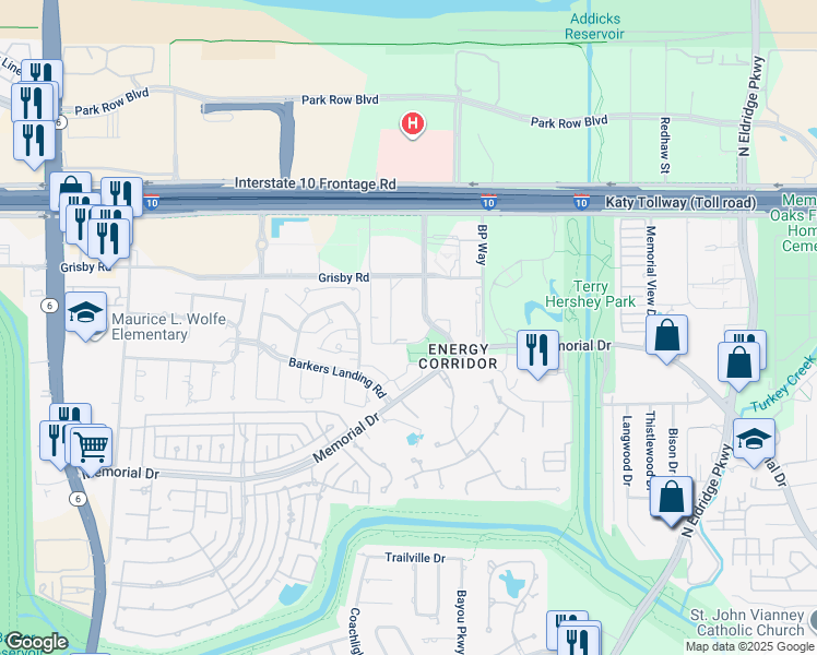 map of restaurants, bars, coffee shops, grocery stores, and more near 550 Westlake Park Boulevard in Houston
