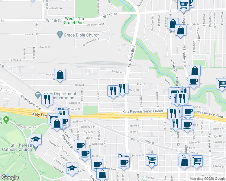 map of restaurants, bars, coffee shops, grocery stores, and more near 5439 Petty Street in Houston