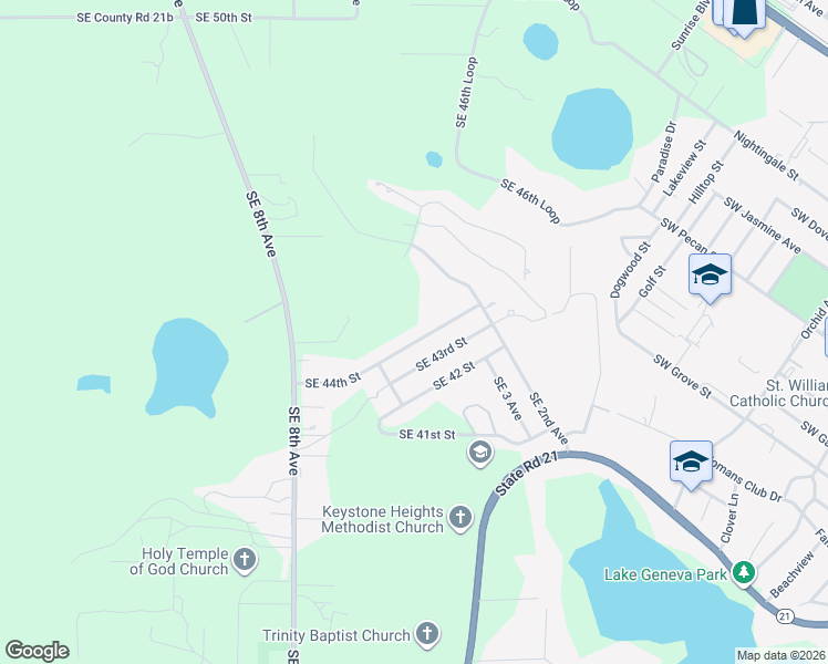 map of restaurants, bars, coffee shops, grocery stores, and more near 565 Southeast 44th Street in Keystone Heights