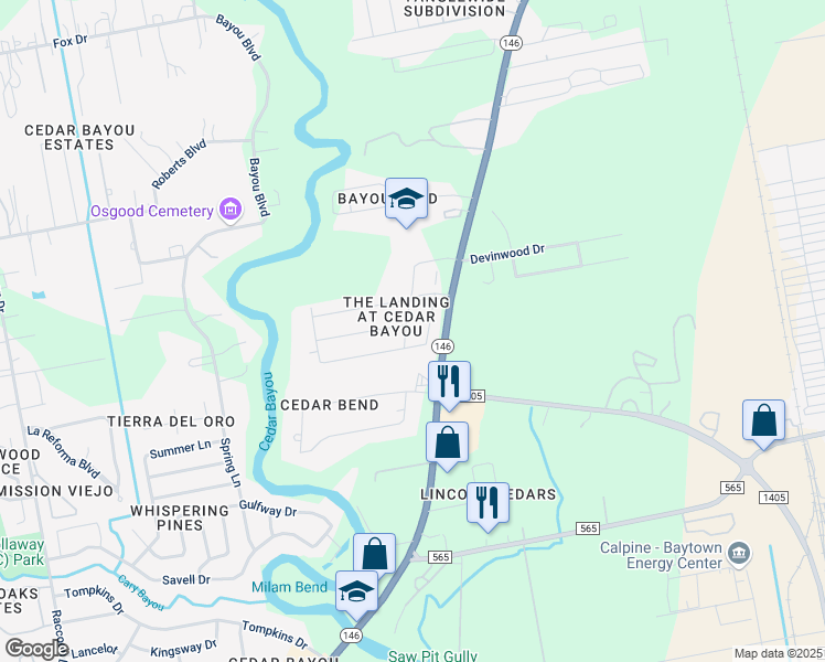 map of restaurants, bars, coffee shops, grocery stores, and more near 5827 Dylan Drive in Baytown