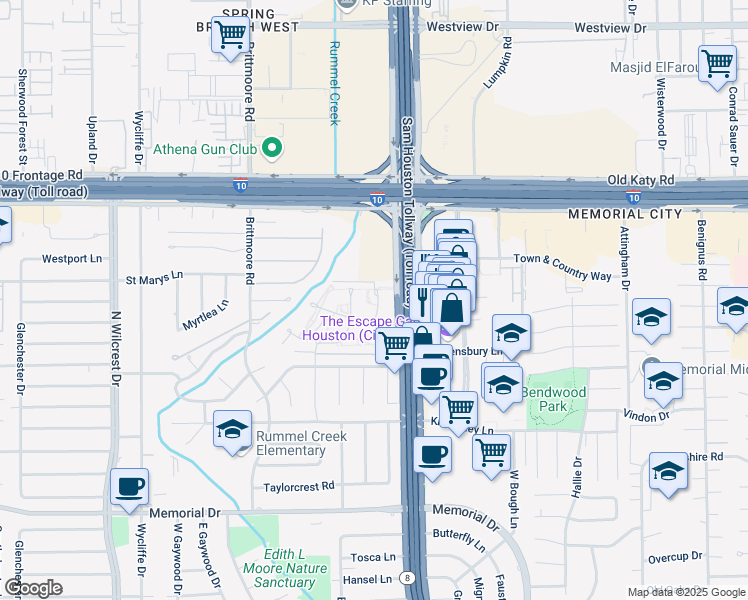 map of restaurants, bars, coffee shops, grocery stores, and more near 13126 Trail Hollow Drive in Houston