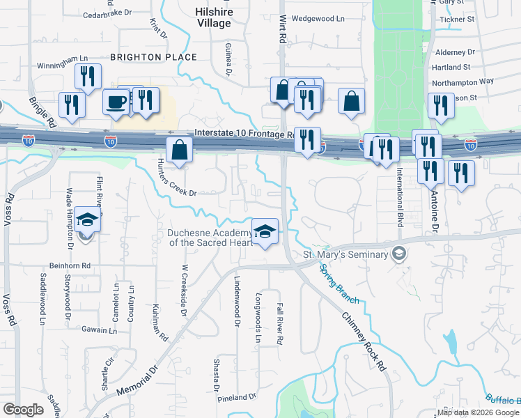 map of restaurants, bars, coffee shops, grocery stores, and more near 300-317 Queen Annes Road in Houston