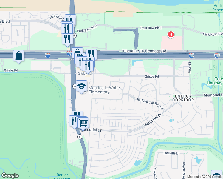 map of restaurants, bars, coffee shops, grocery stores, and more near 15822 North Barkers Landing Road in Houston