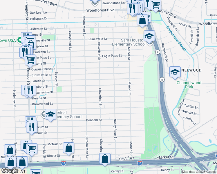 map of restaurants, bars, coffee shops, grocery stores, and more near 14435 Hillsboro Street in Houston