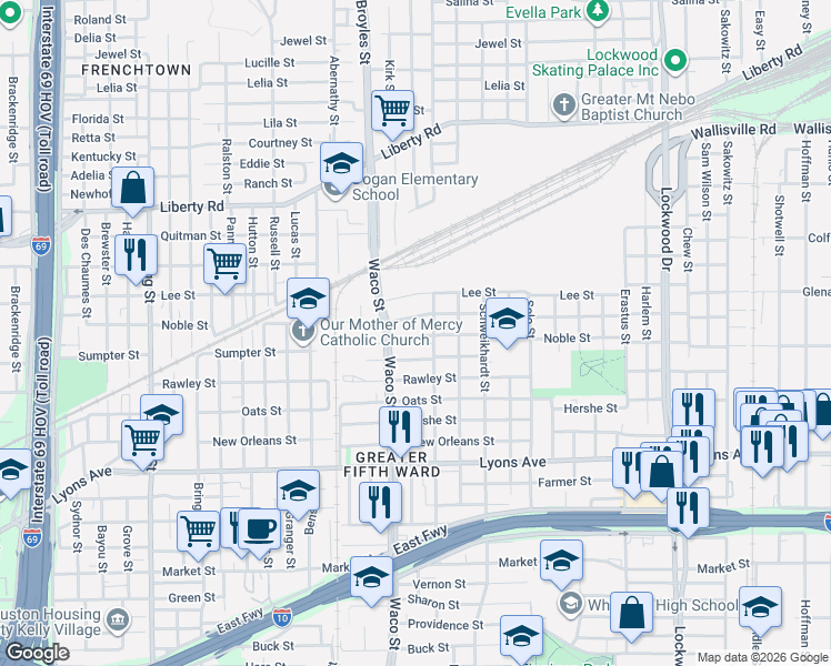 map of restaurants, bars, coffee shops, grocery stores, and more near 4430 Nichols Street in Houston