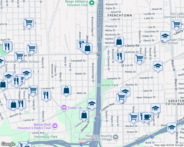 map of restaurants, bars, coffee shops, grocery stores, and more near 2110 Jensen Drive in Houston