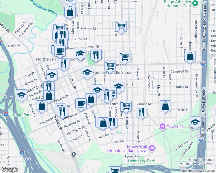 map of restaurants, bars, coffee shops, grocery stores, and more near 2115 Terry Street in Houston