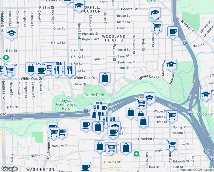 map of restaurants, bars, coffee shops, grocery stores, and more near 2400 Julian Street in Houston