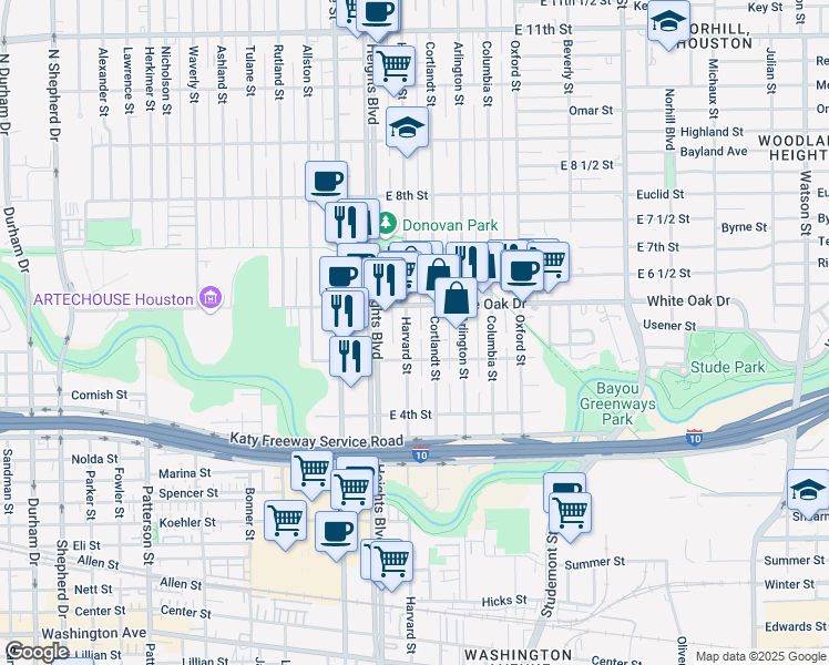 map of restaurants, bars, coffee shops, grocery stores, and more near 537 Cortlandt Street in Houston