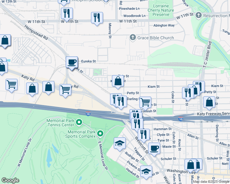 map of restaurants, bars, coffee shops, grocery stores, and more near 5927 Kiam Street in Houston
