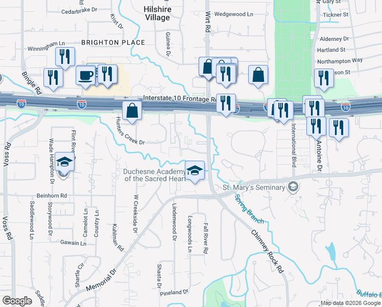 map of restaurants, bars, coffee shops, grocery stores, and more near 300-317 Queen Annes Road in Houston