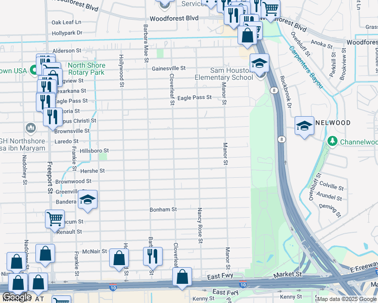 map of restaurants, bars, coffee shops, grocery stores, and more near 14434 Hillsboro Street in Houston