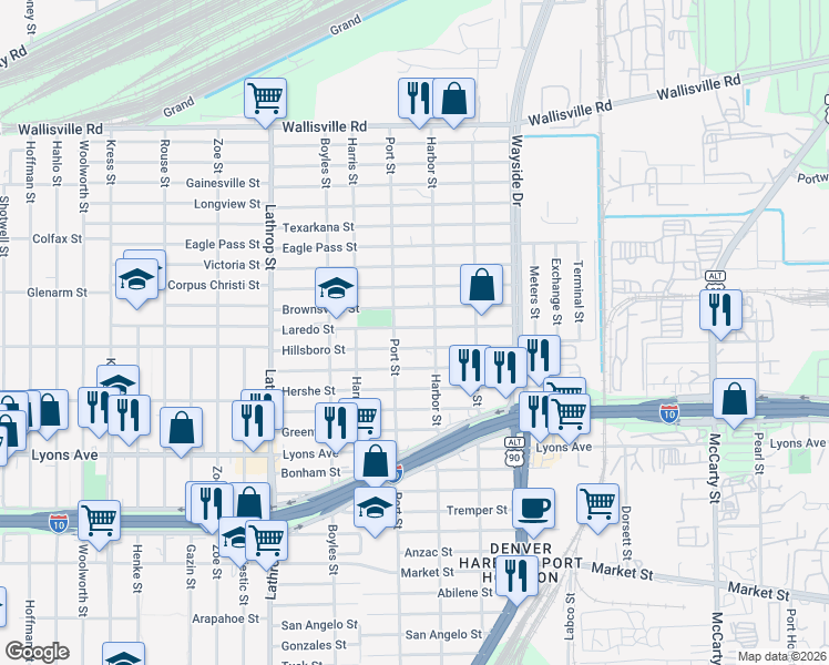 map of restaurants, bars, coffee shops, grocery stores, and more near 7333 Laredo Street in Houston