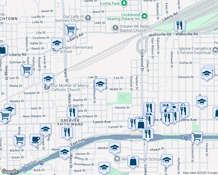 map of restaurants, bars, coffee shops, grocery stores, and more near 4910 Nichols Street in Houston