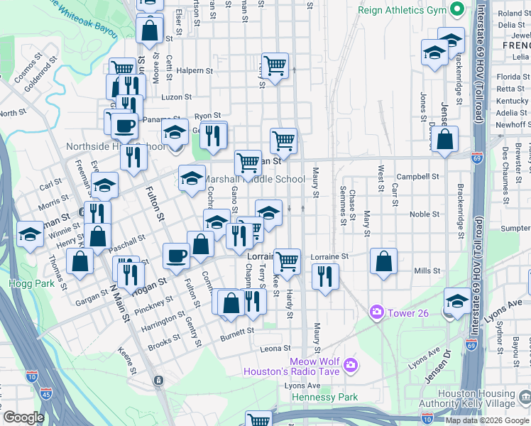 map of restaurants, bars, coffee shops, grocery stores, and more near 2115 Terry Street in Houston