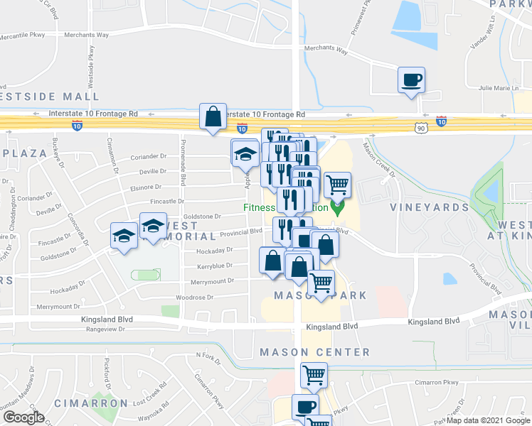 map of restaurants, bars, coffee shops, grocery stores, and more near 315 Gentilly Drive in Katy