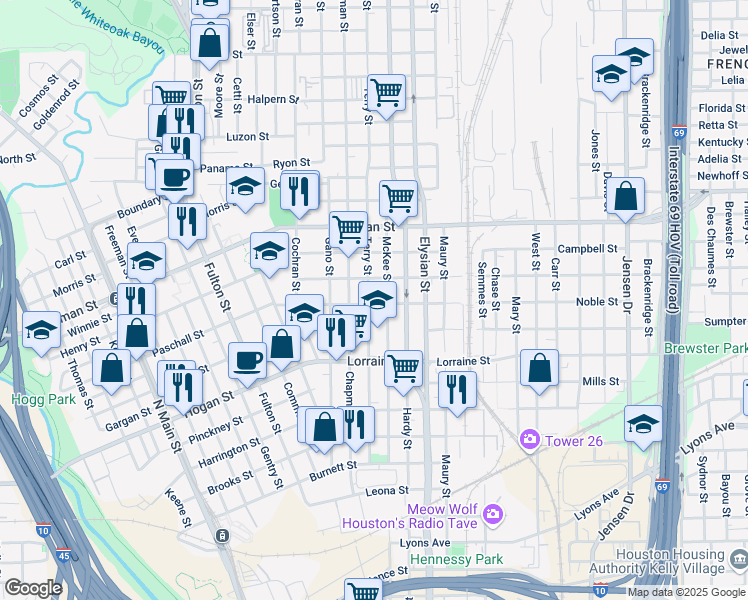 map of restaurants, bars, coffee shops, grocery stores, and more near 2115 Terry Street in Houston