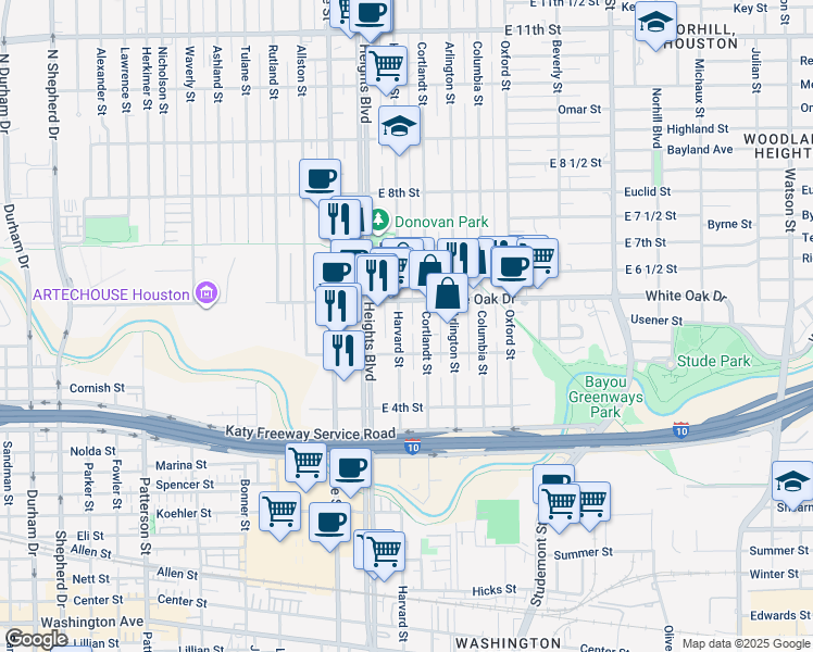 map of restaurants, bars, coffee shops, grocery stores, and more near 530 Harvard Street in Houston