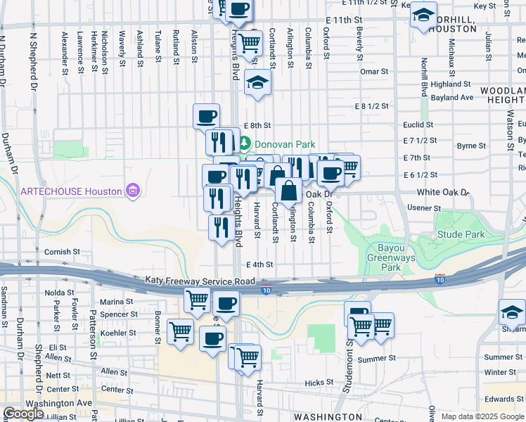 map of restaurants, bars, coffee shops, grocery stores, and more near 530 Harvard Street in Houston