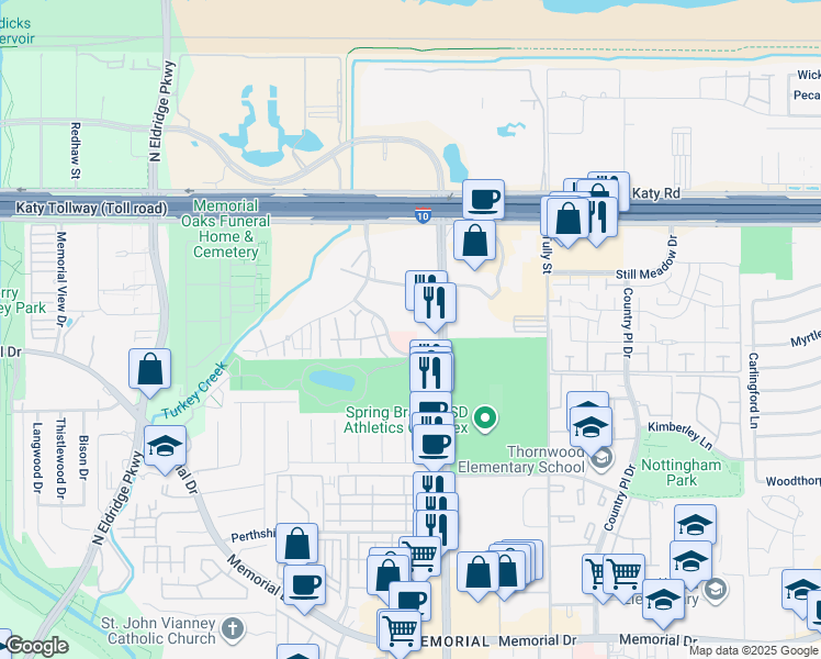 map of restaurants, bars, coffee shops, grocery stores, and more near 14718 Barryknoll Lane in Houston