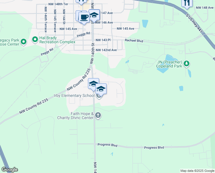 map of restaurants, bars, coffee shops, grocery stores, and more near 13706 Northwest 137th Terrace in Alachua
