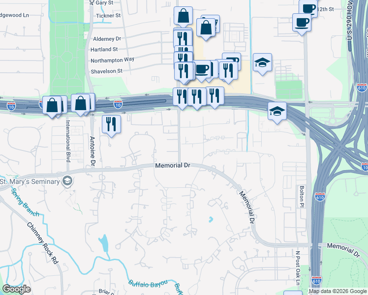 map of restaurants, bars, coffee shops, grocery stores, and more near 9245 Wickford Drive in Houston