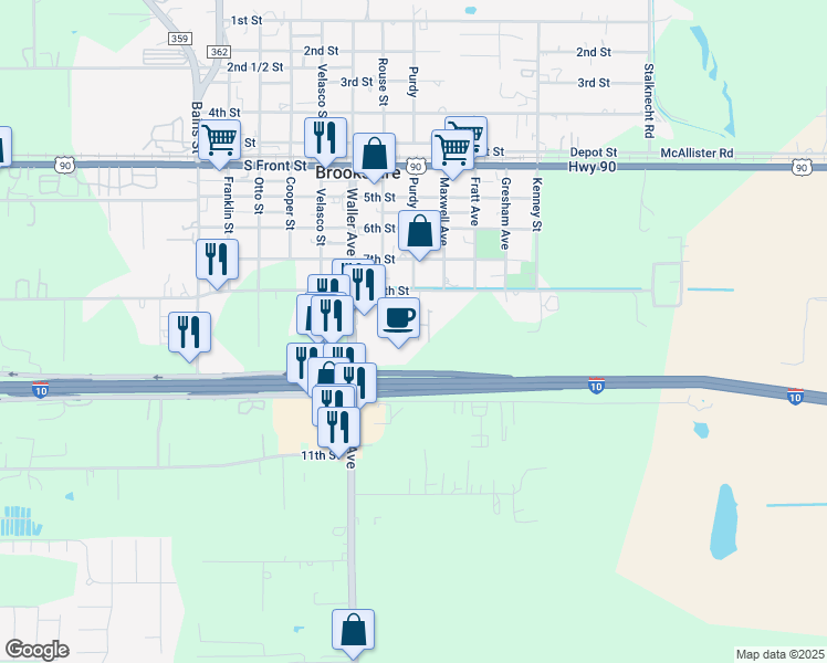 map of restaurants, bars, coffee shops, grocery stores, and more near 217 Waller Avenue in Brookshire