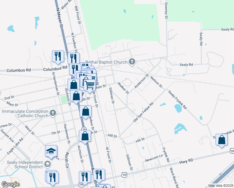 map of restaurants, bars, coffee shops, grocery stores, and more near 415 Walker Street in Sealy