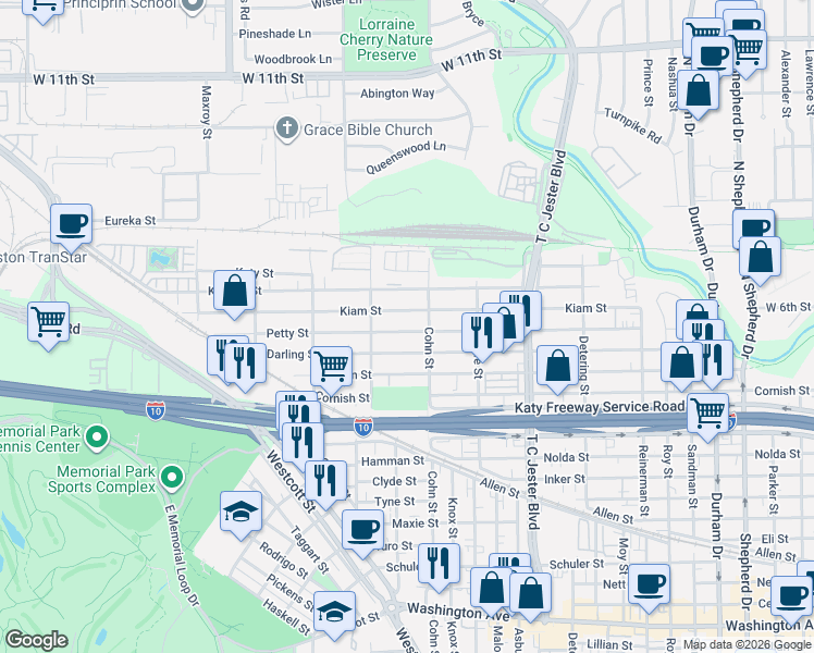map of restaurants, bars, coffee shops, grocery stores, and more near 5607 Kiam Street in Houston