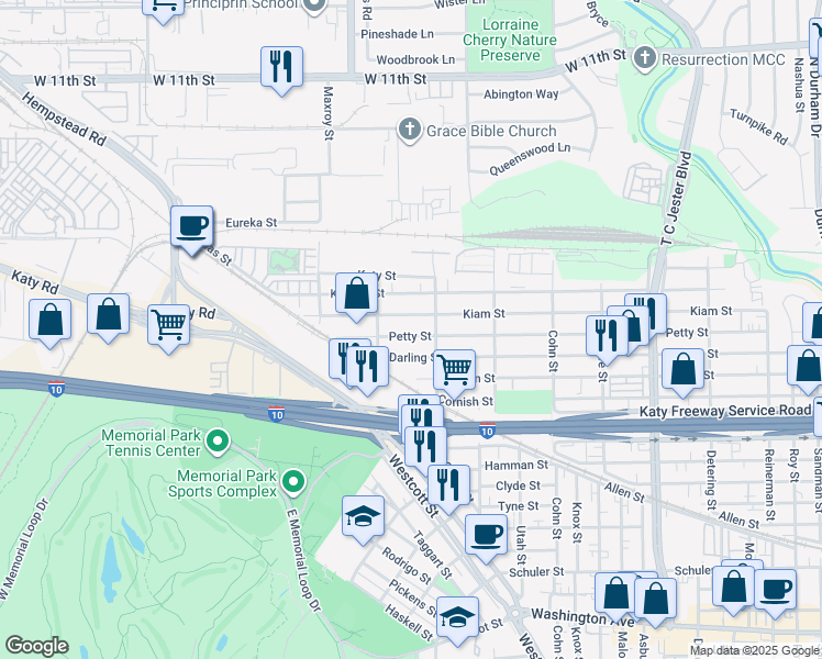 map of restaurants, bars, coffee shops, grocery stores, and more near 5813a Kiam Street in Houston