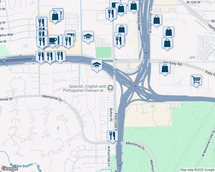 map of restaurants, bars, coffee shops, grocery stores, and more near 7401 Katy Freeway in Houston