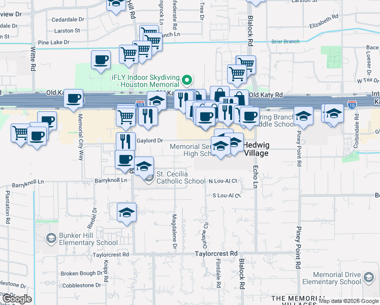 map of restaurants, bars, coffee shops, grocery stores, and more near 935 Moss Spring Lane in Houston