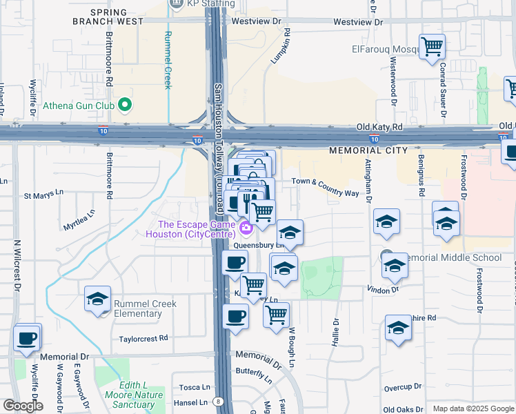 map of restaurants, bars, coffee shops, grocery stores, and more near 815 Town & Country Lane in Houston