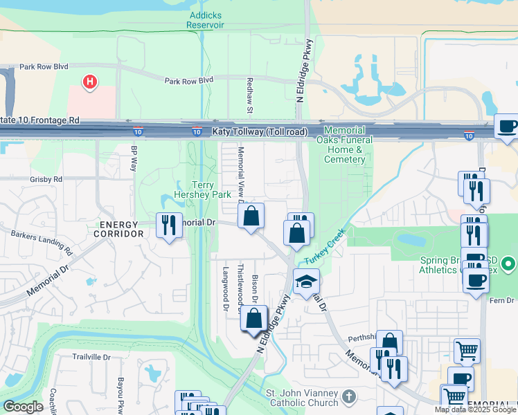map of restaurants, bars, coffee shops, grocery stores, and more near 15150 Memorial Drive in Houston