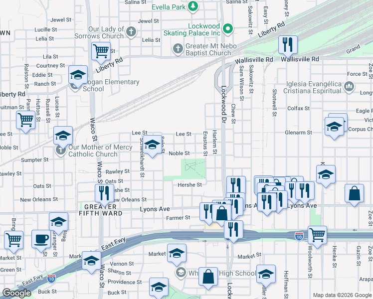 map of restaurants, bars, coffee shops, grocery stores, and more near 5102 Nichols Street in Houston
