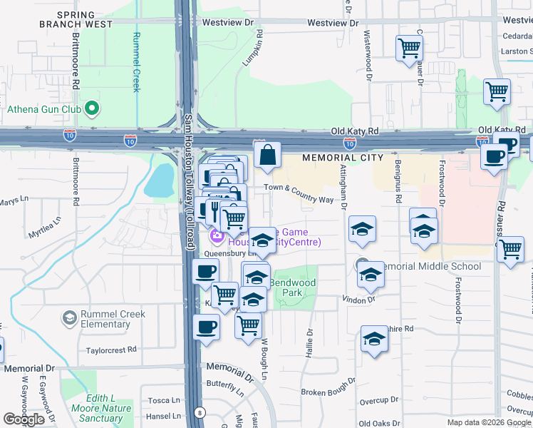 map of restaurants, bars, coffee shops, grocery stores, and more near 800 Town and Country Boulevard in Houston