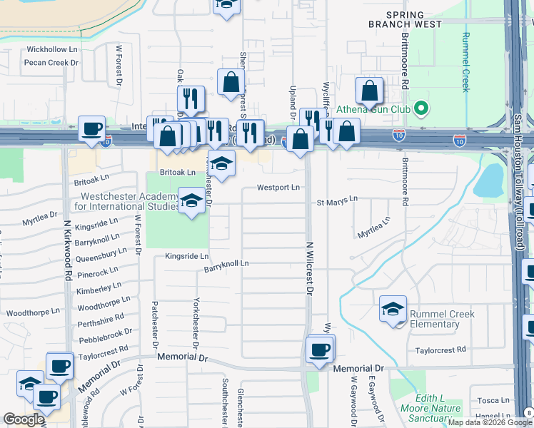 map of restaurants, bars, coffee shops, grocery stores, and more near 13503 Saint Marys Lane in Houston