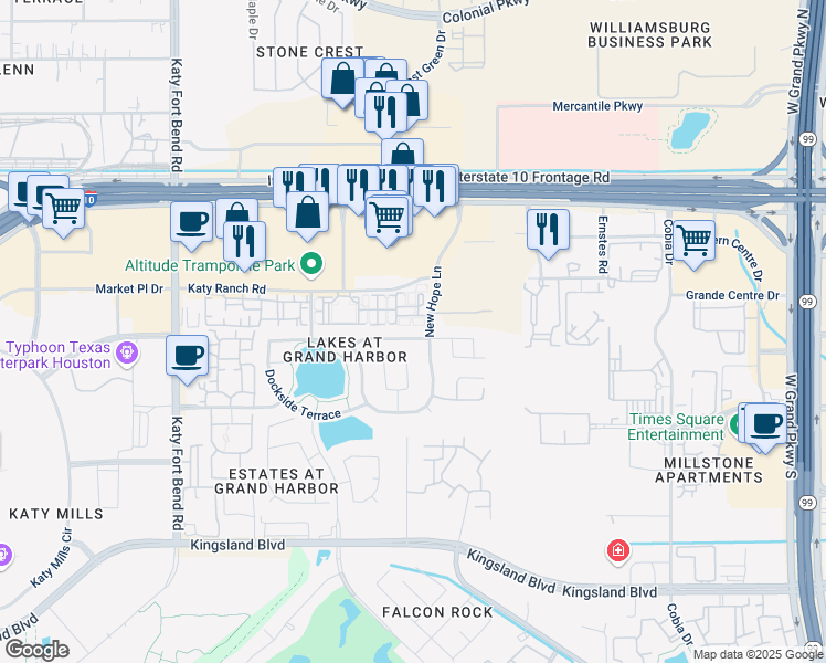 map of restaurants, bars, coffee shops, grocery stores, and more near 24230 Courtland Oaks Street in Katy