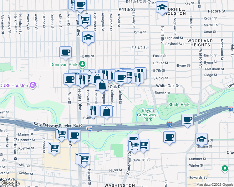 map of restaurants, bars, coffee shops, grocery stores, and more near 536 Columbia Street in Houston