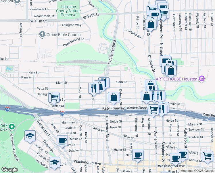 map of restaurants, bars, coffee shops, grocery stores, and more near 504 T C Jester Boulevard in Houston