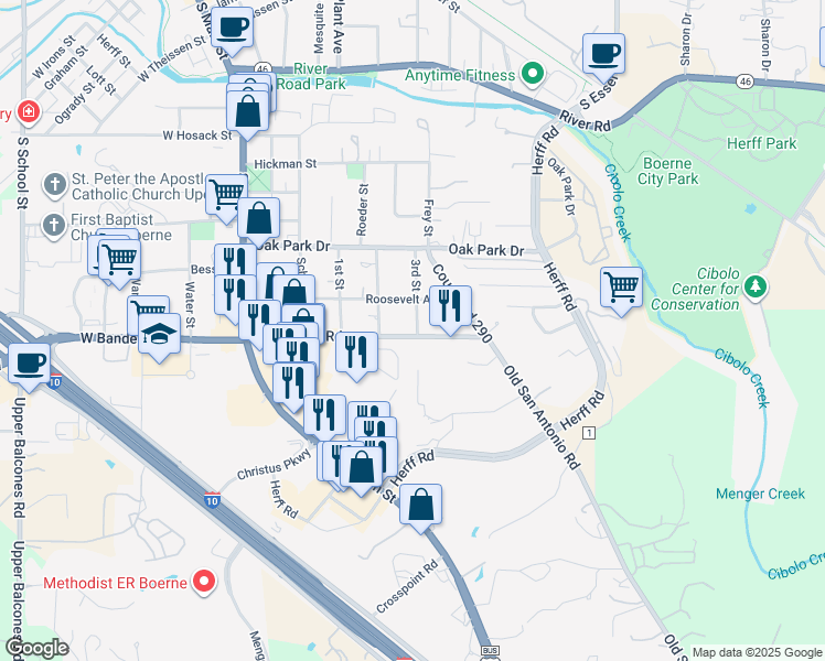 map of restaurants, bars, coffee shops, grocery stores, and more near 222 3rd Street in Boerne