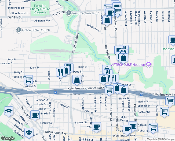 map of restaurants, bars, coffee shops, grocery stores, and more near 5224 Petty Street in Houston